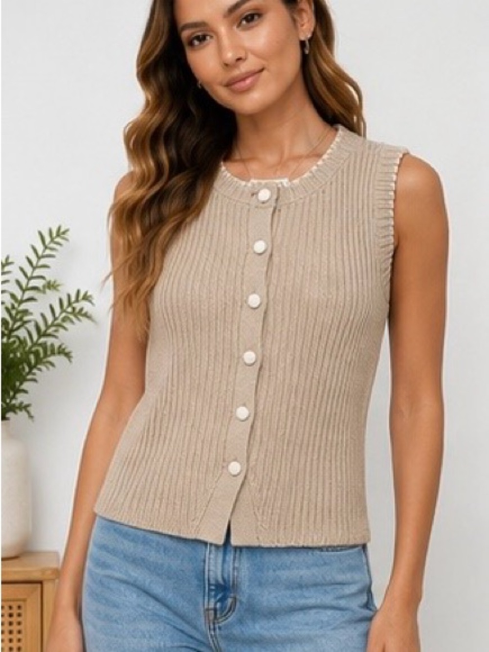 Song of Style Aimee Song Ribbed Knit Button Vest Oatmeal NWT XS